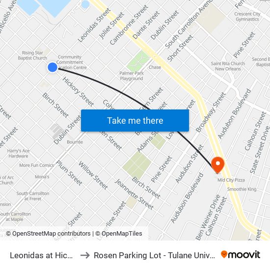 Leonidas at Hickory to Rosen Parking Lot - Tulane University map