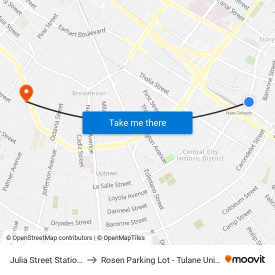 Julia Street Station (N) to Rosen Parking Lot - Tulane University map