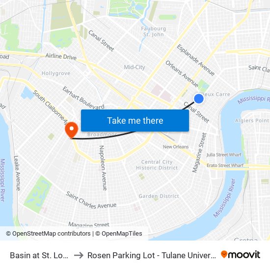 Basin at St. Louis to Rosen Parking Lot - Tulane University map