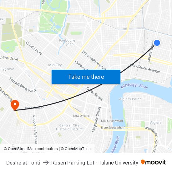 Desire at Tonti to Rosen Parking Lot - Tulane University map