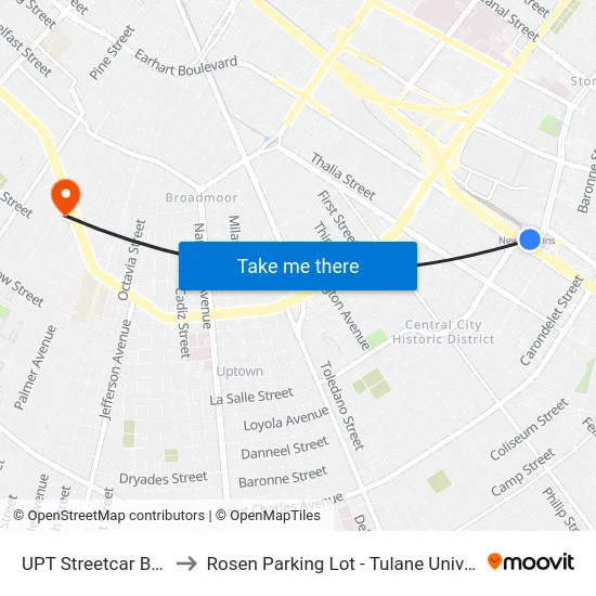 UPT Streetcar Bay 1 to Rosen Parking Lot - Tulane University map