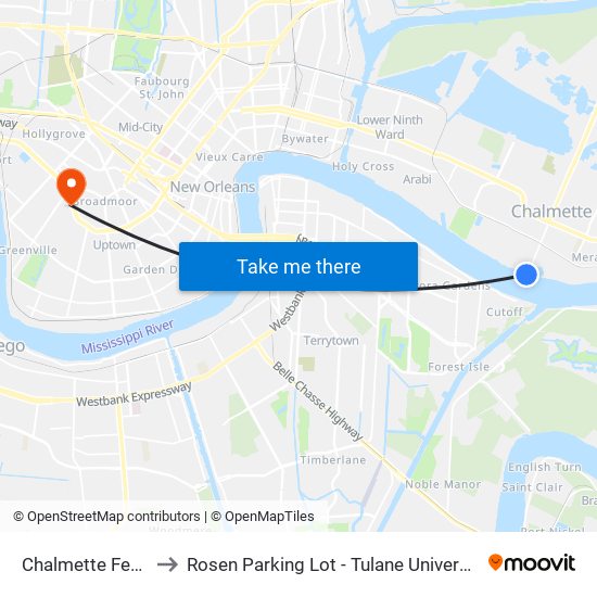 Chalmette Ferry to Rosen Parking Lot - Tulane University map
