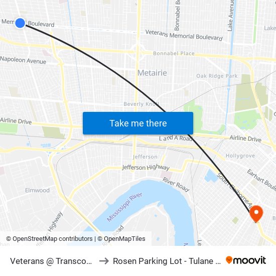 Veterans @ Transcontinental to Rosen Parking Lot - Tulane University map