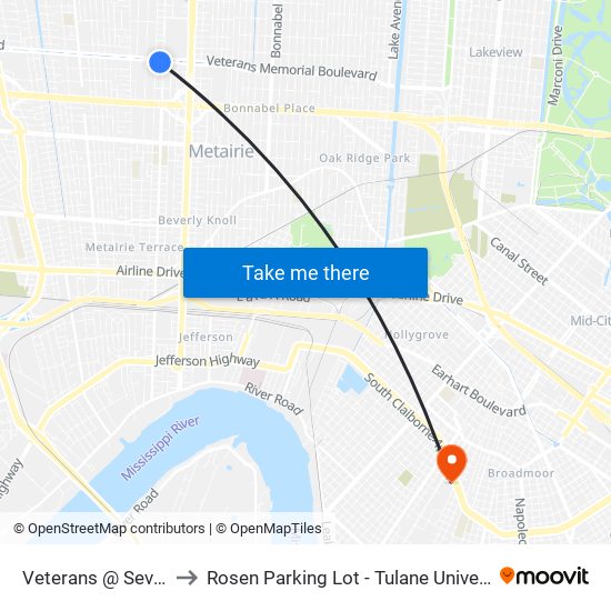 Veterans @ Severn to Rosen Parking Lot - Tulane University map