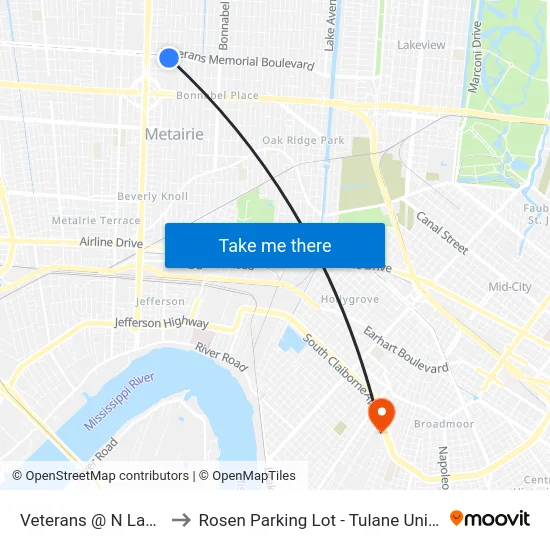 Veterans @ N Labarre to Rosen Parking Lot - Tulane University map