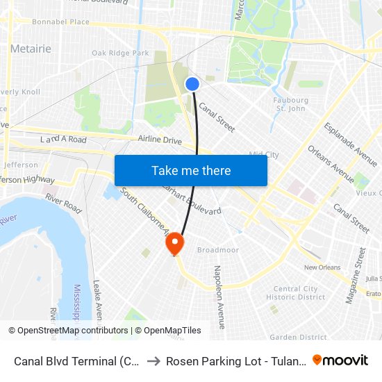 Canal Blvd Terminal (Cemeteries) to Rosen Parking Lot - Tulane University map