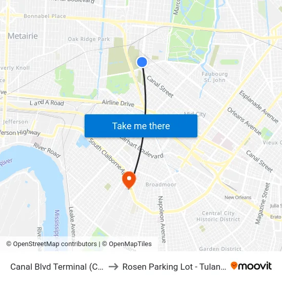 Canal Blvd Terminal (Cemeteries) to Rosen Parking Lot - Tulane University map