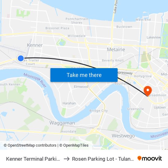 Kenner Terminal Parking Garage to Rosen Parking Lot - Tulane University map