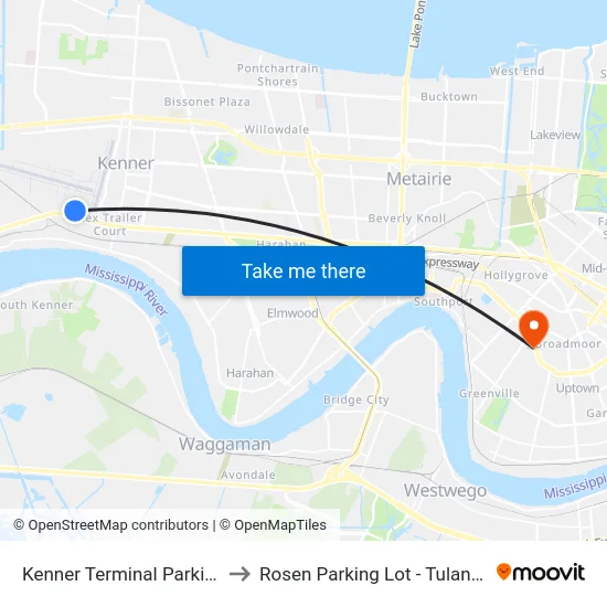 Kenner Terminal Parking Garage to Rosen Parking Lot - Tulane University map