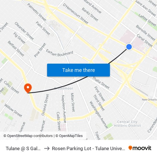 Tulane @ S Galvez to Rosen Parking Lot - Tulane University map
