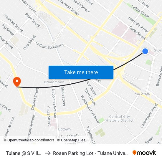 Tulane @ S Villere to Rosen Parking Lot - Tulane University map