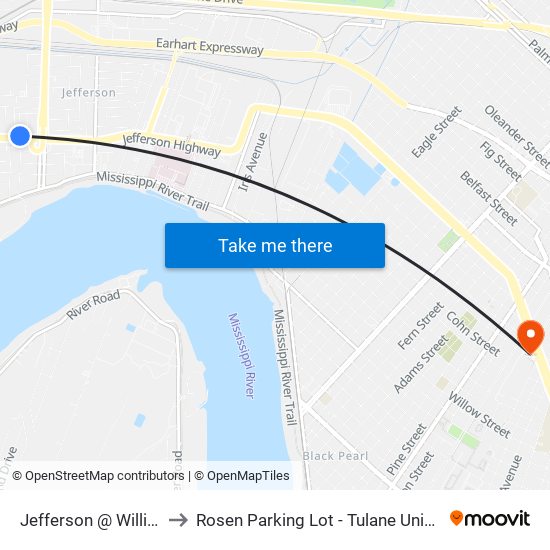 Jefferson @ Williams to Rosen Parking Lot - Tulane University map