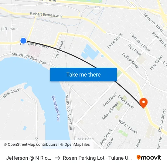Jefferson @ N Rio Vista to Rosen Parking Lot - Tulane University map