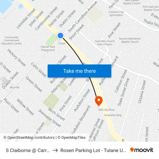 S Claiborne @ Carrollton to Rosen Parking Lot - Tulane University map