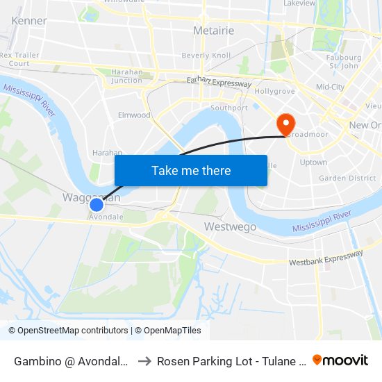 Gambino @ Avondale Garden to Rosen Parking Lot - Tulane University map