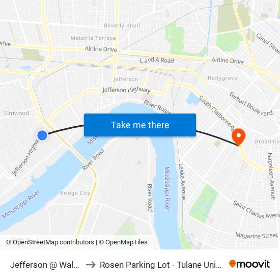 Jefferson @ Walmart to Rosen Parking Lot - Tulane University map