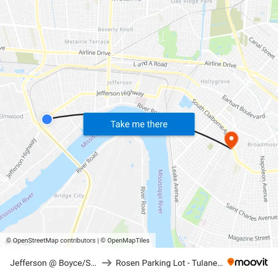 Jefferson @ Boyce/St. George to Rosen Parking Lot - Tulane University map