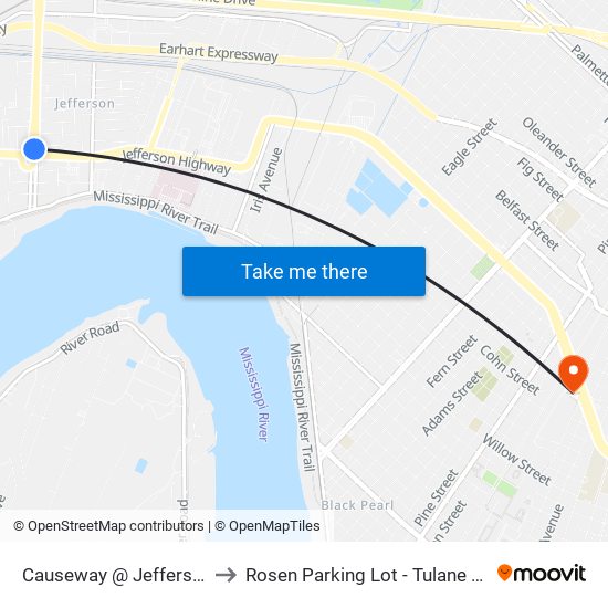 Causeway @ Jefferson Hwy to Rosen Parking Lot - Tulane University map