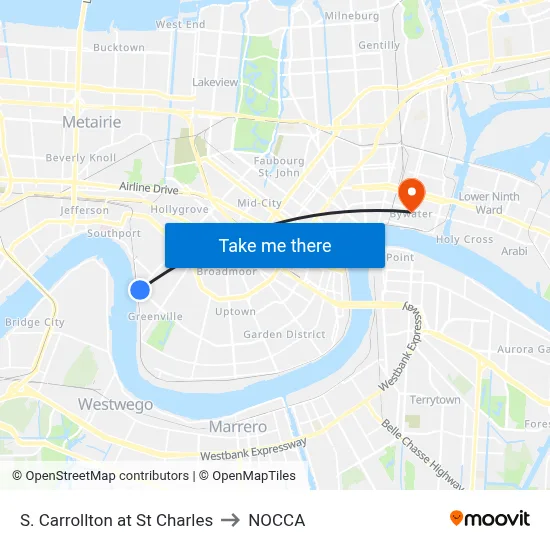S. Carrollton at St Charles to NOCCA map