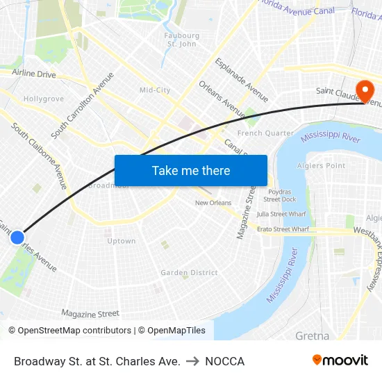 Broadway St. at St. Charles Ave. to NOCCA map