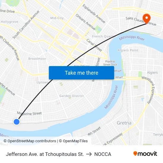 Jefferson Ave. at Tchoupitoulas St. to NOCCA map