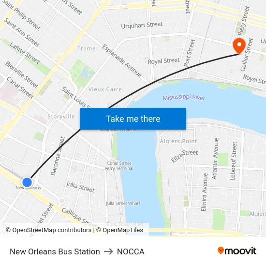 New Orleans Bus Station to NOCCA map