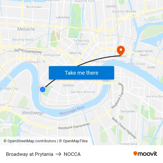 Broadway at Prytania to NOCCA map