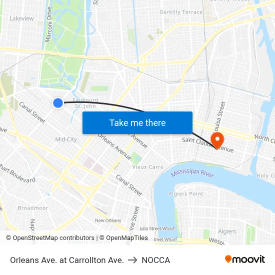 Orleans Ave. at Carrollton Ave. to NOCCA map