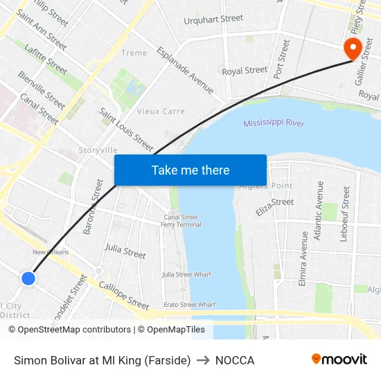 Simon Bolivar at Ml King (Farside) to NOCCA map