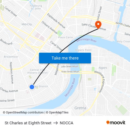 St Charles at Eighth Street to NOCCA map