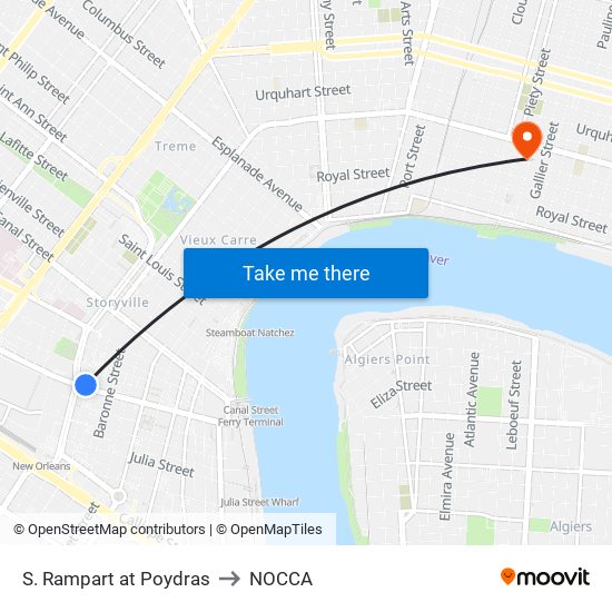 S. Rampart at Poydras to NOCCA map