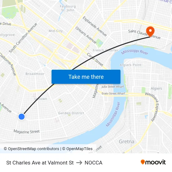 St Charles Ave at Valmont St to NOCCA map