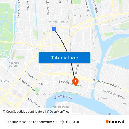 Gentilly Blvd. at Mandeville St. to NOCCA map