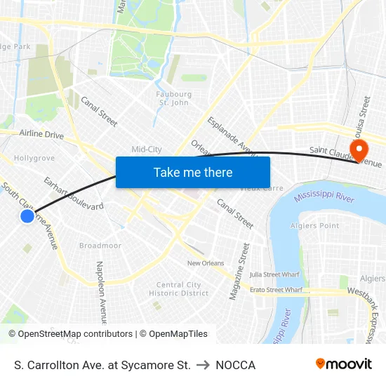 S. Carrollton Ave. at Sycamore St. to NOCCA map