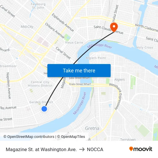 Magazine St. at Washington Ave. to NOCCA map