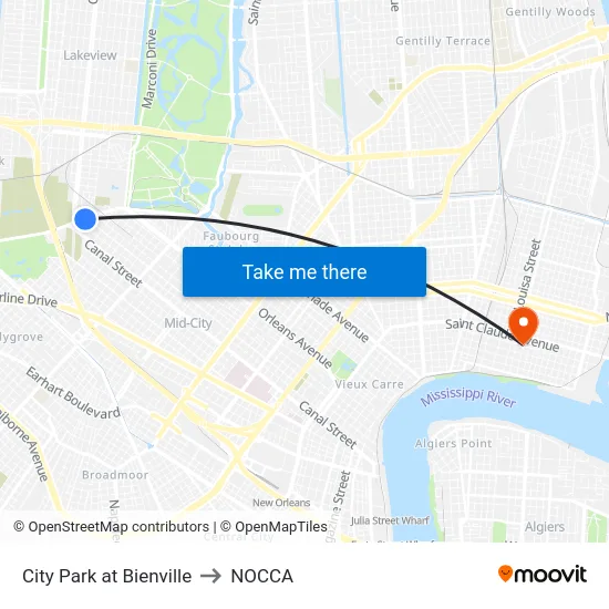 City Park at Bienville to NOCCA map