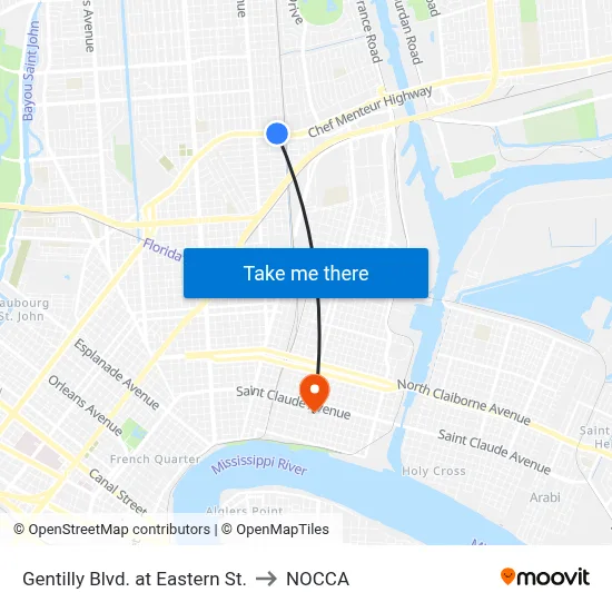 Gentilly Blvd. at Eastern St. to NOCCA map