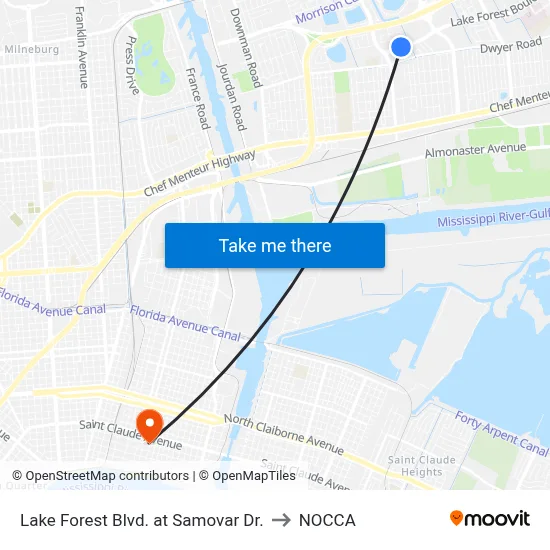 Lake Forest Blvd. at Samovar Dr. to NOCCA map