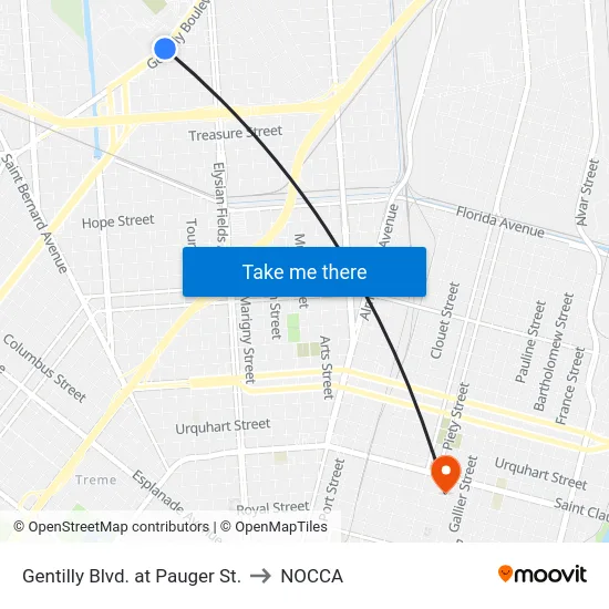 Gentilly Blvd. at Pauger St. to NOCCA map