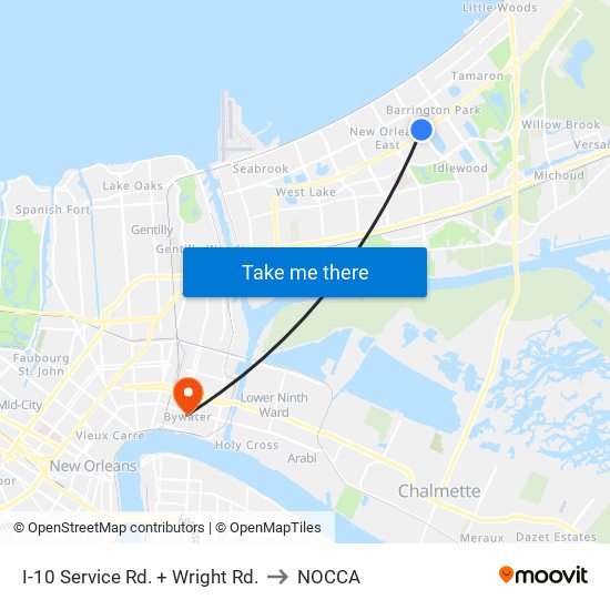 I-10 Service Rd. + Wright Rd. to NOCCA map