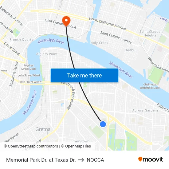 Memorial Park Dr. at Texas Dr. to NOCCA map