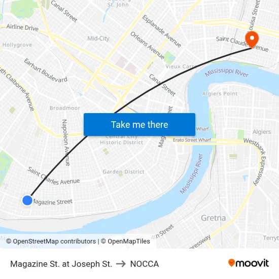 Magazine St. at Joseph St. to NOCCA map