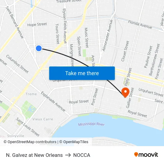 N. Galvez at New Orleans to NOCCA map