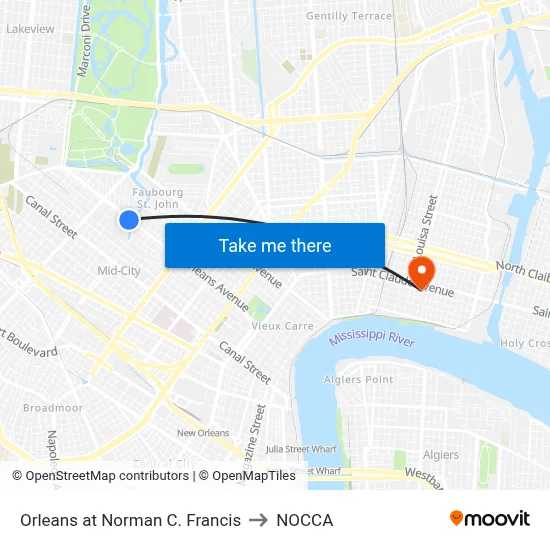 Orleans at Norman C. Francis to NOCCA map