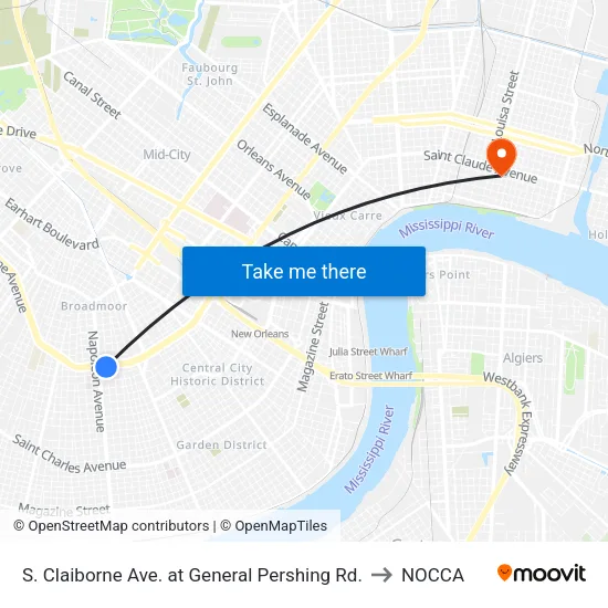 S. Claiborne Ave. at General Pershing Rd. to NOCCA map