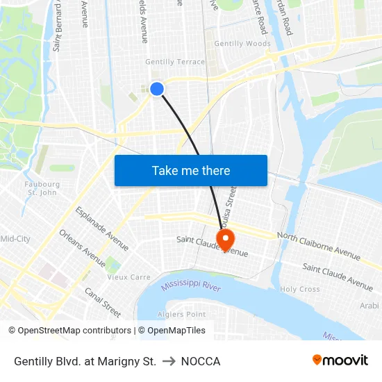 Gentilly Blvd. at Marigny St. to NOCCA map