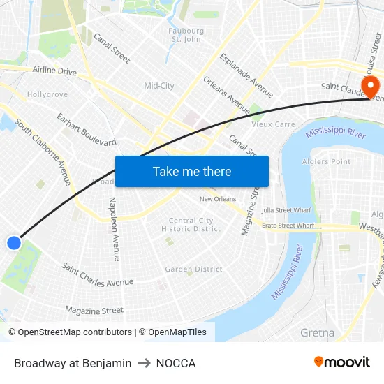 Broadway at Benjamin to NOCCA map