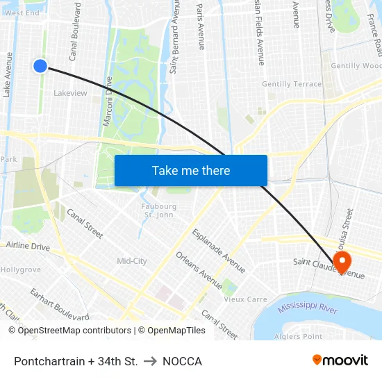 Pontchartrain + 34th St. to NOCCA map