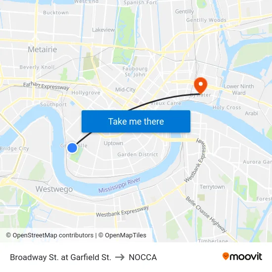 Broadway St. at Garfield St. to NOCCA map