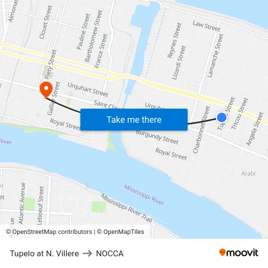 Tupelo at N. Villere to NOCCA map